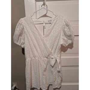 She + Sky White Eyelet Wrap Romper Puff Sleeve V-Neck SS6269 Large